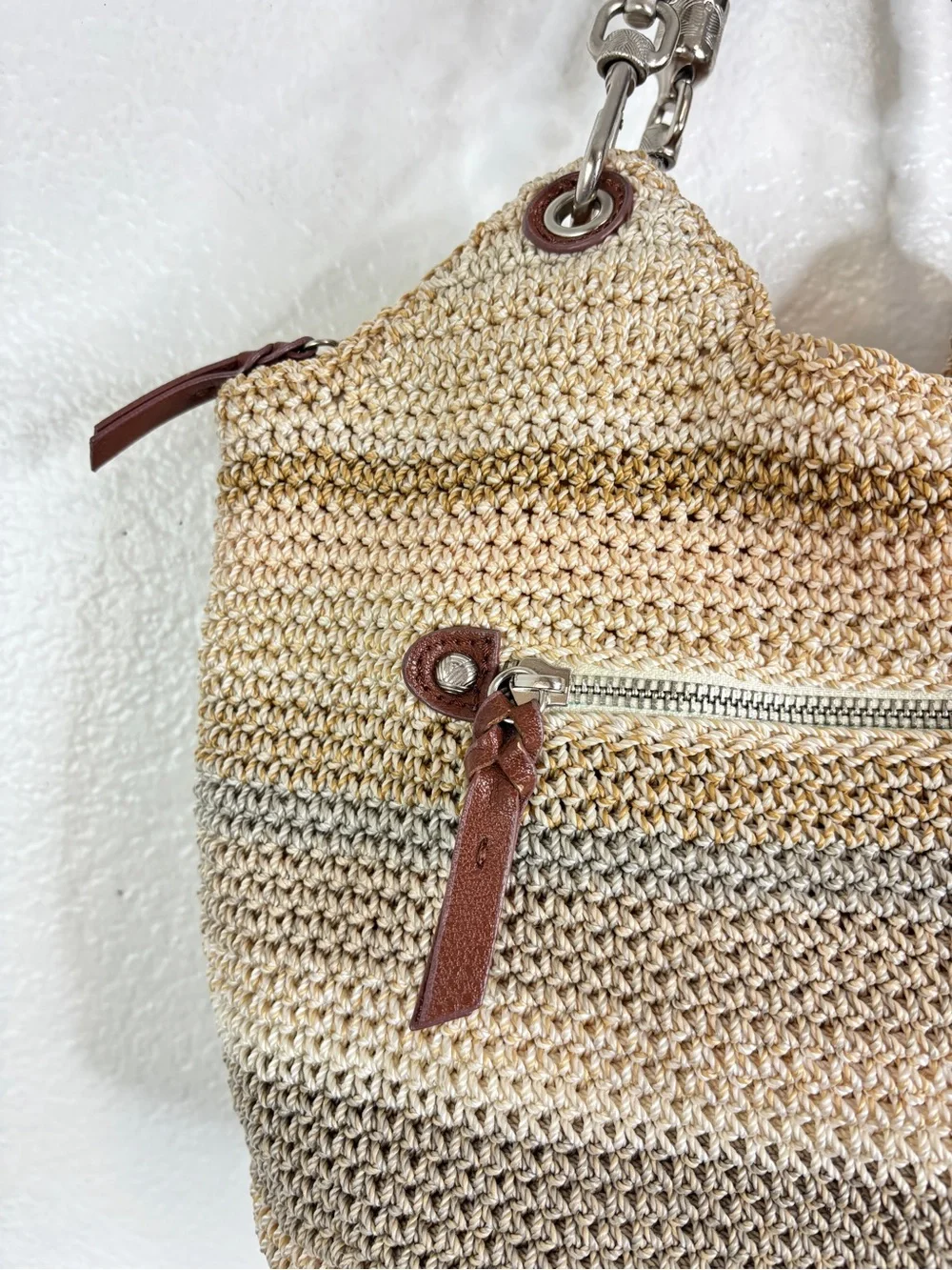 THE SAK Striped Crochet Leather Strap Hobo Purse Shoulder Bag Brown Cream